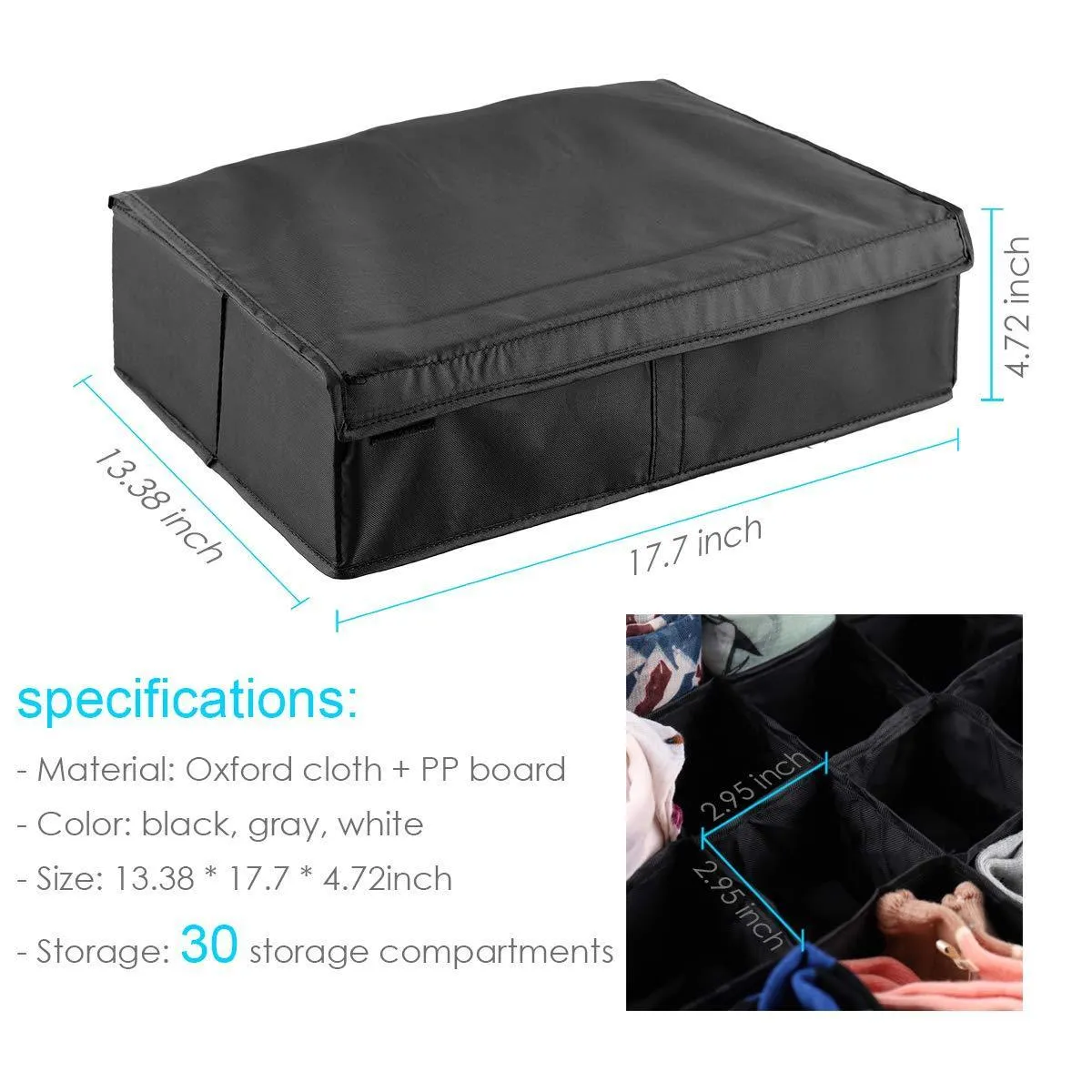 MIFXIN Underwear Socks Storage Organizer Drawer Divider 30 Cell Foldable Closet Drawer Organizer Storage Box Bin for Socks Bras Underwear Ties with Dust/Moisture Proof Cover (Black)
