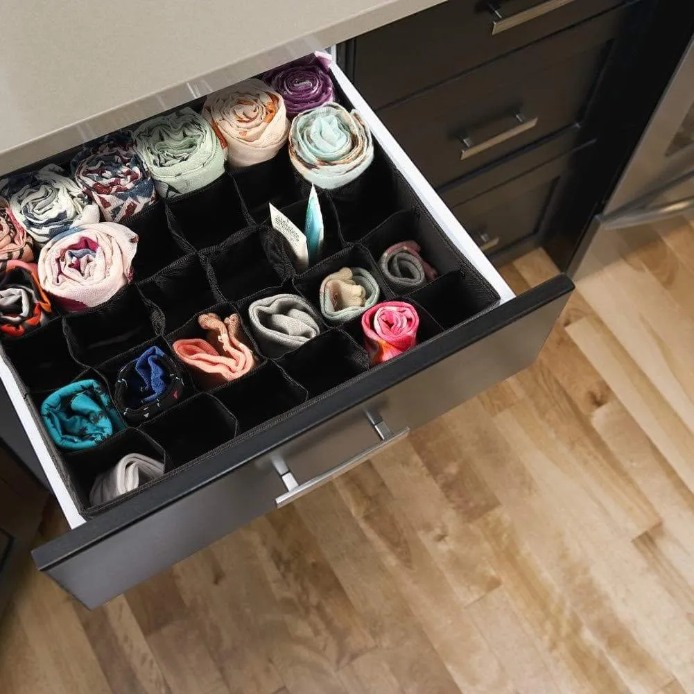 MIFXIN Underwear Socks Storage Organizer Drawer Divider 30 Cell Foldable Closet Drawer Organizer Storage Box Bin for Socks Bras Underwear Ties with Dust/Moisture Proof Cover (Black)