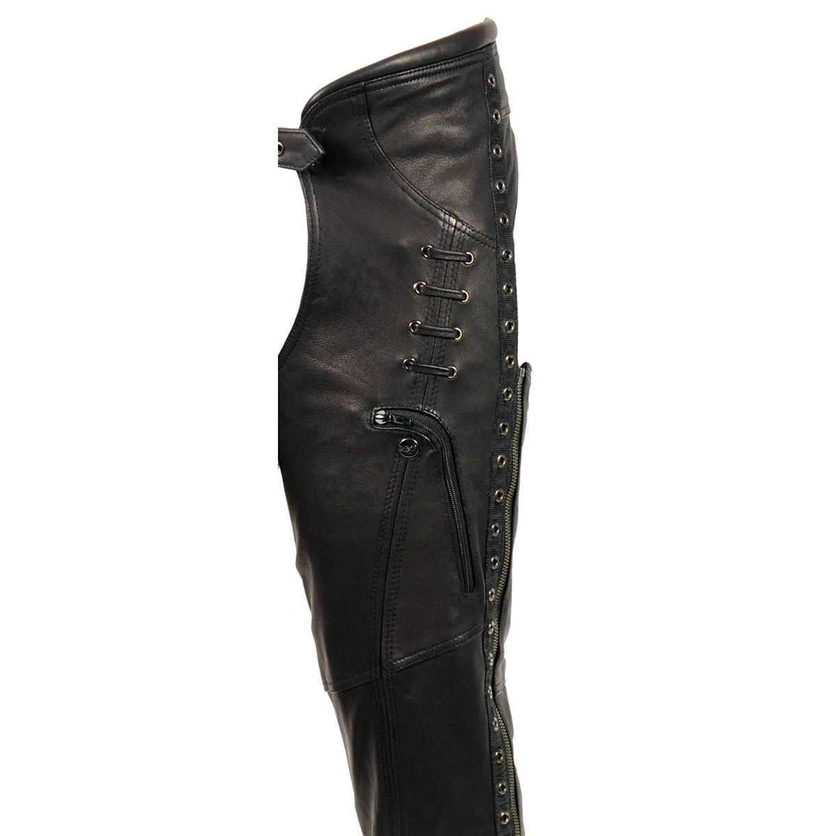 MLL6535  Leather Chaps for Women Black Lightweight Naked Goat Skin- Accent Lace Detailing Motorcycle Chap- MLL6535