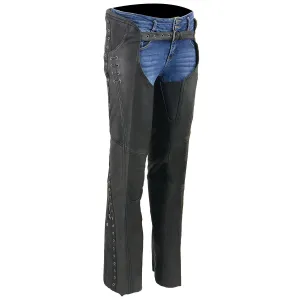 MLL6535  Leather Chaps for Women Black Lightweight Naked Goat Skin- Accent Lace Detailing Motorcycle Chap- MLL6535
