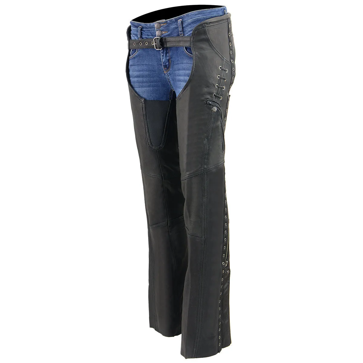 MLL6535  Leather Chaps for Women Black Lightweight Naked Goat Skin- Accent Lace Detailing Motorcycle Chap- MLL6535