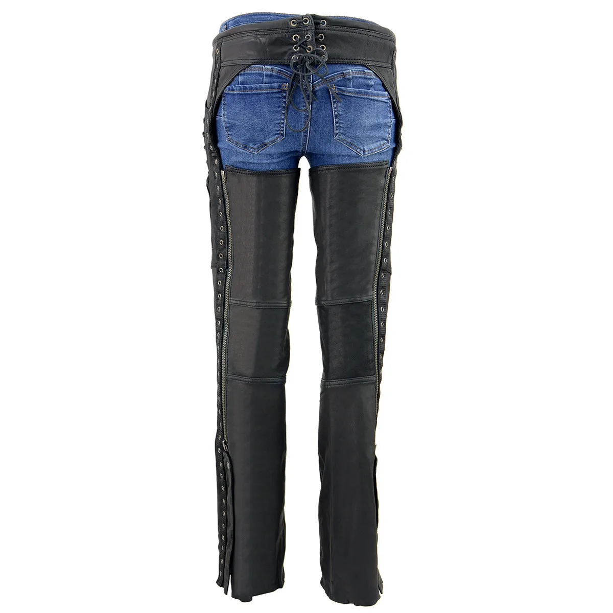 MLL6535  Leather Chaps for Women Black Lightweight Naked Goat Skin- Accent Lace Detailing Motorcycle Chap- MLL6535