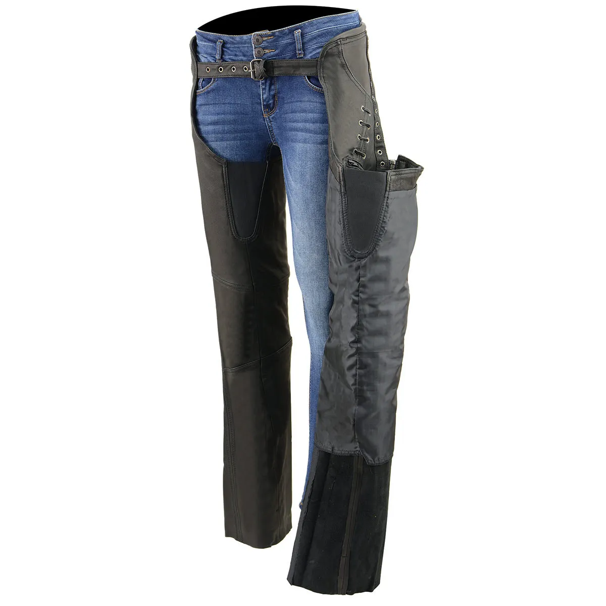 MLL6535  Leather Chaps for Women Black Lightweight Naked Goat Skin- Accent Lace Detailing Motorcycle Chap- MLL6535