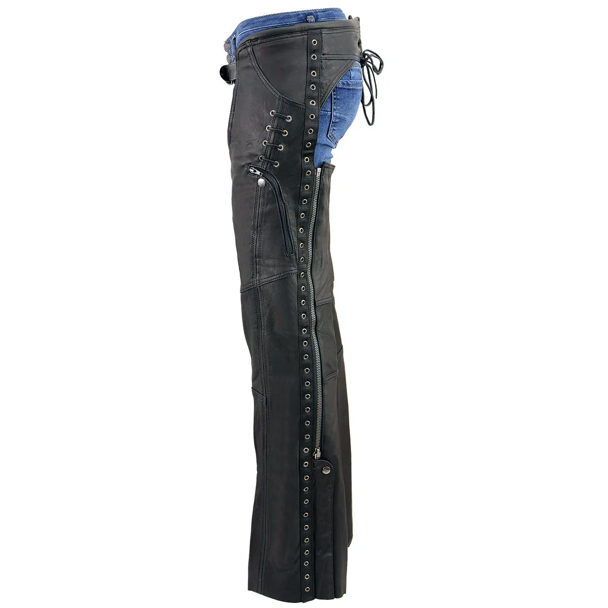 MLL6535  Leather Chaps for Women Black Lightweight Naked Goat Skin- Accent Lace Detailing Motorcycle Chap- MLL6535