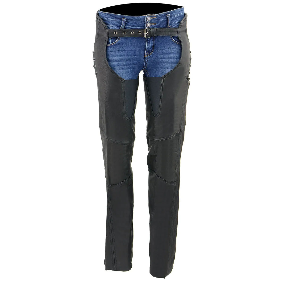 MLL6535  Leather Chaps for Women Black Lightweight Naked Goat Skin- Accent Lace Detailing Motorcycle Chap- MLL6535