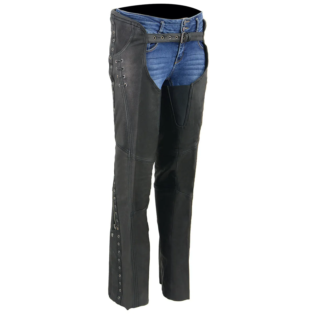 MLL6535  Leather Chaps for Women Black Lightweight Naked Goat Skin- Accent Lace Detailing Motorcycle Chap- MLL6535
