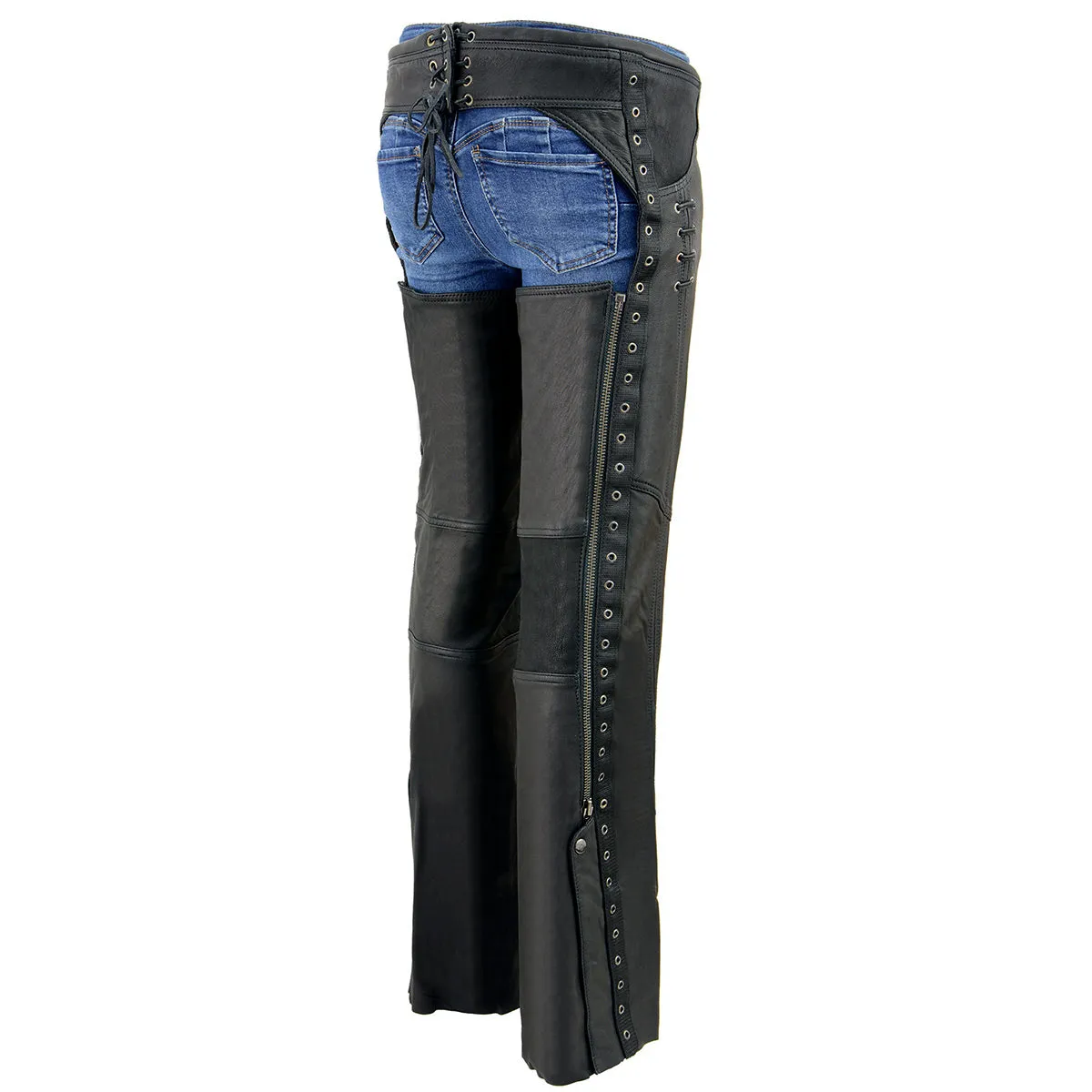 MLL6535  Leather Chaps for Women Black Lightweight Naked Goat Skin- Accent Lace Detailing Motorcycle Chap- MLL6535