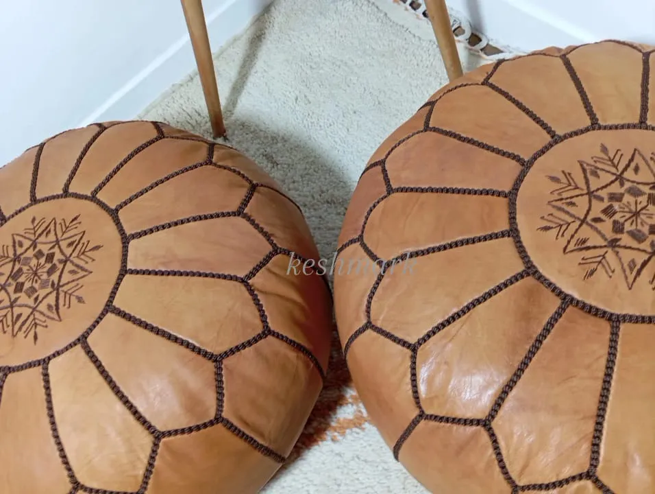 Moroccan Leather Pouf - Round Berber Ottoman, Brown Tan Pouf, Handmade Leather Pouf