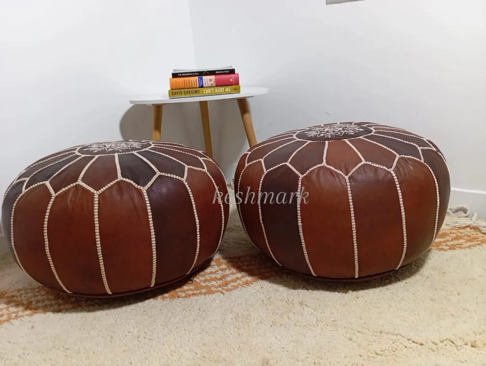 Moroccan Leather Pouf - Round Berber Ottoman, Brown Tan Pouf, Handmade Leather Pouf