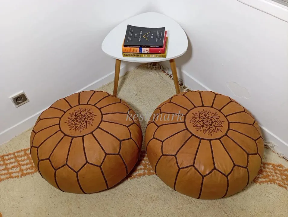 Moroccan Leather Pouf - Round Berber Ottoman, Brown Tan Pouf, Handmade Leather Pouf