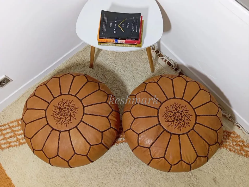 Moroccan Leather Pouf - Round Berber Ottoman, Brown Tan Pouf, Handmade Leather Pouf