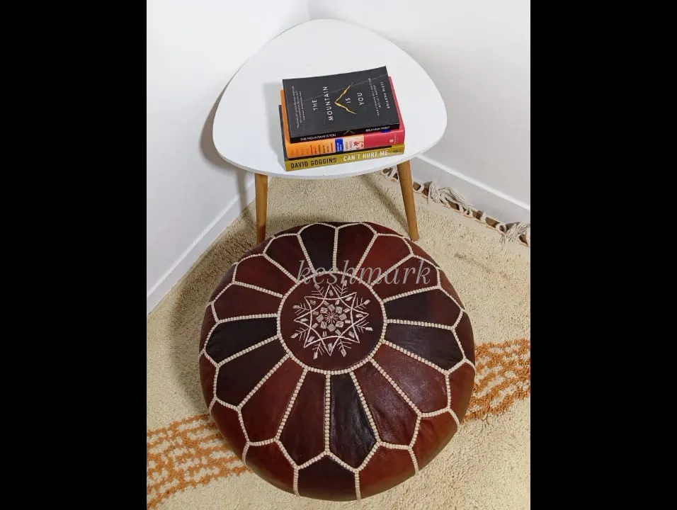 Moroccan Leather Pouf - Round Berber Ottoman, Brown Tan Pouf, Handmade Leather Pouf
