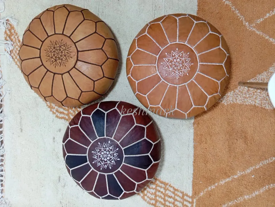 Moroccan Leather Pouf - Round Berber Ottoman, Brown Tan Pouf, Handmade Leather Pouf