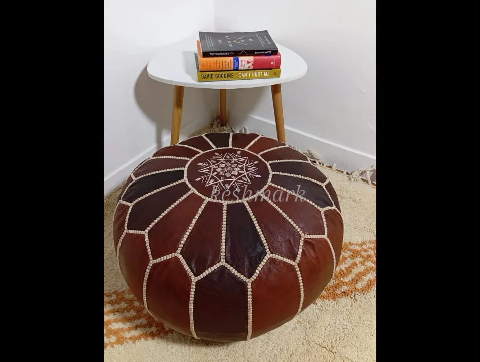 Moroccan Leather Pouf - Round Berber Ottoman, Brown Tan Pouf, Handmade Leather Pouf
