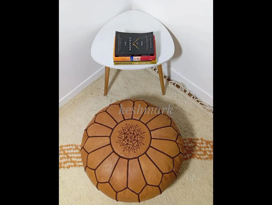 Moroccan Leather Pouf - Round Berber Ottoman, Brown Tan Pouf, Handmade Leather Pouf