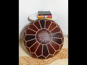 Moroccan Leather Pouf - Round Berber Ottoman, Brown Tan Pouf, Handmade Leather Pouf