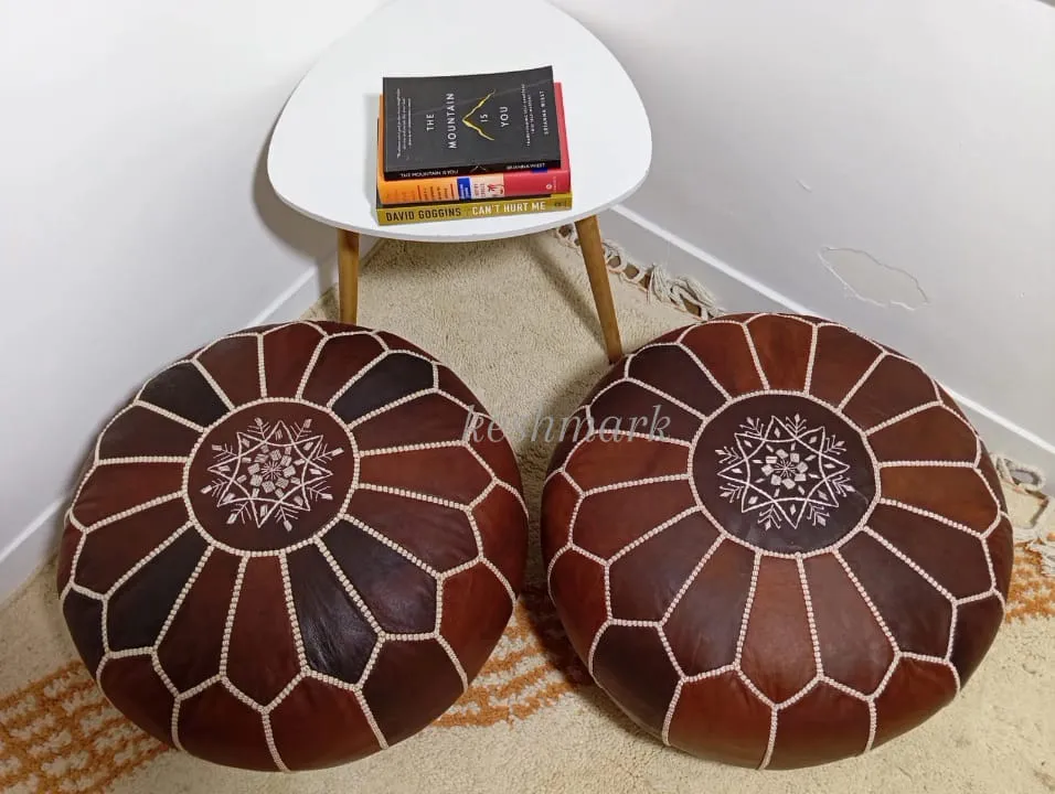 Moroccan Leather Pouf - Round Berber Ottoman, Brown Tan Pouf, Handmade Leather Pouf