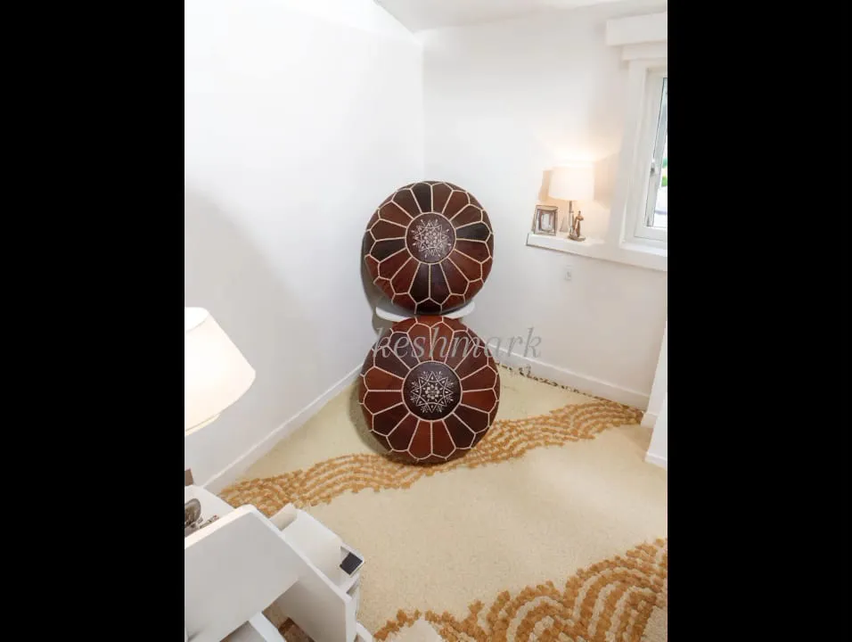 Moroccan Leather Pouf - Round Berber Ottoman, Brown Tan Pouf, Handmade Leather Pouf