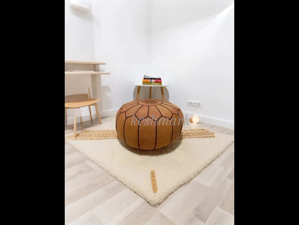 Moroccan Leather Pouf - Round Berber Ottoman, Brown Tan Pouf, Handmade Leather Pouf
