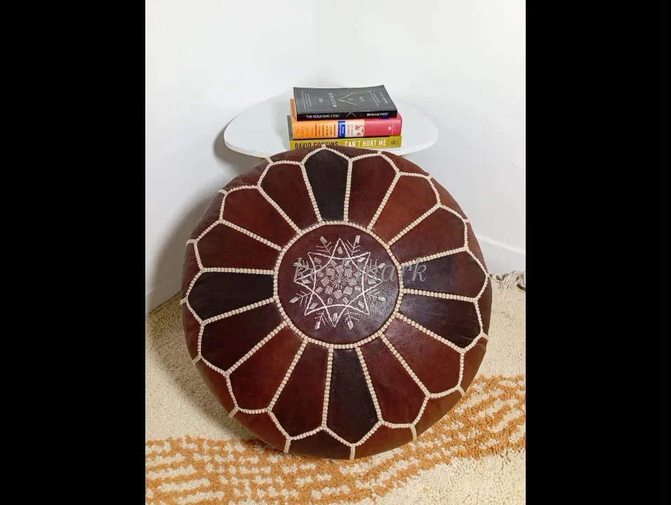 Moroccan Leather Pouf - Round Berber Ottoman, Brown Tan Pouf, Handmade Leather Pouf