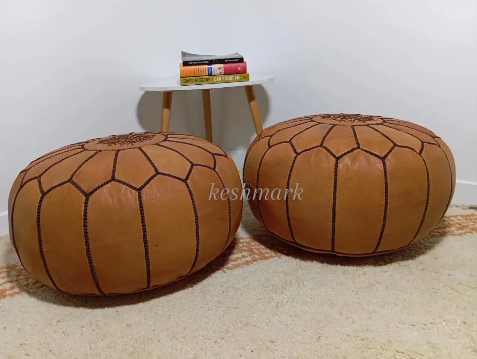 Moroccan Leather Pouf - Round Berber Ottoman, Brown Tan Pouf, Handmade Leather Pouf