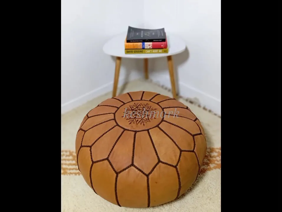 Moroccan Leather Pouf - Round Berber Ottoman, Brown Tan Pouf, Handmade Leather Pouf