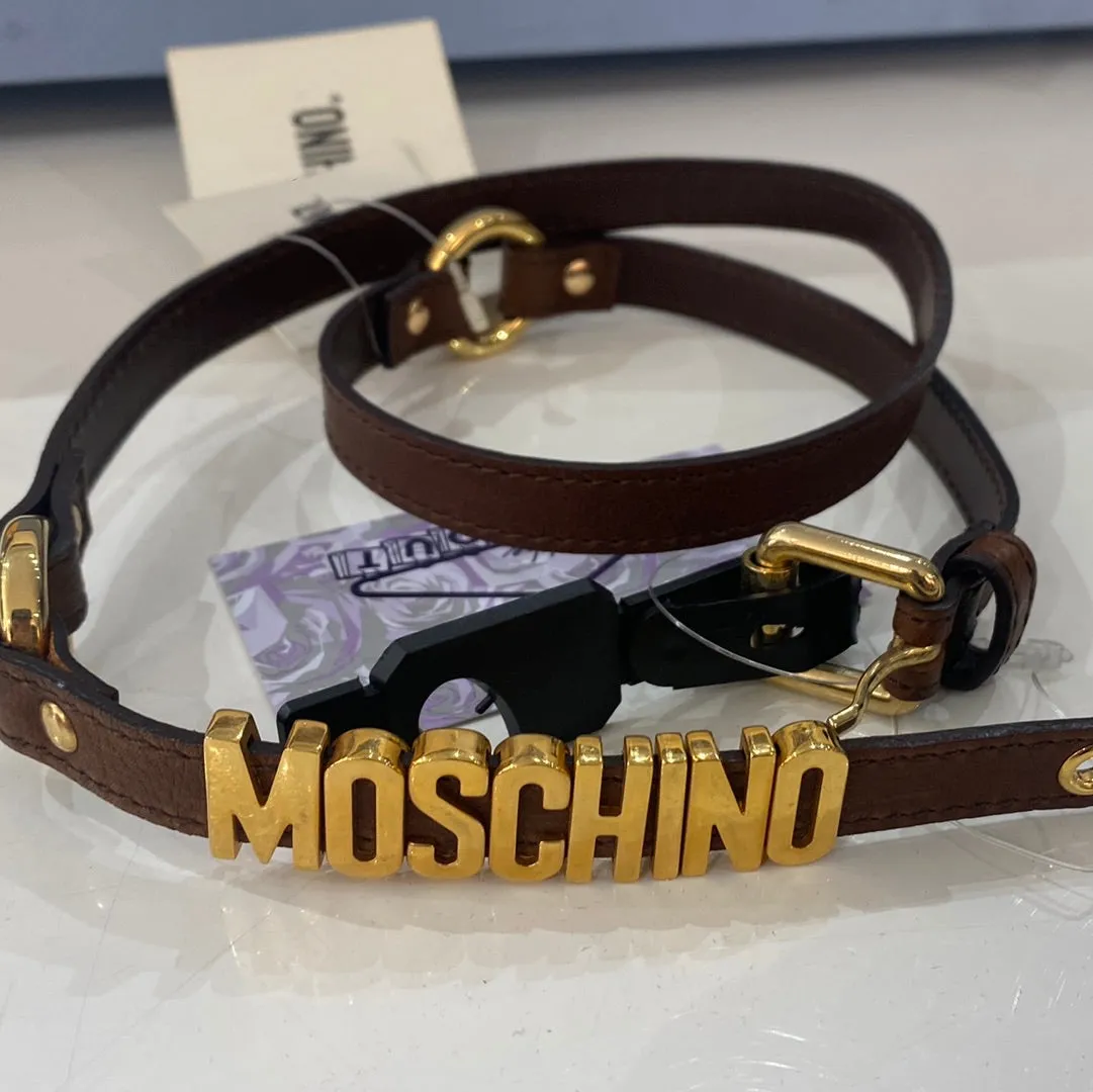 Moschino Brown Leather and Gold Logo Belt