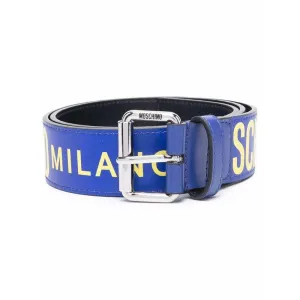 Moschino Leather Belt With All Over Logo Silver Buckle
