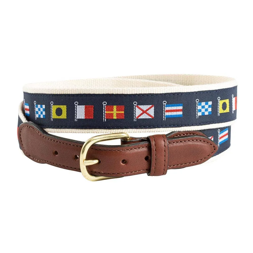 Nautical Flags Motif Leather Tab Belt: Tan Leather Tabs / 36"