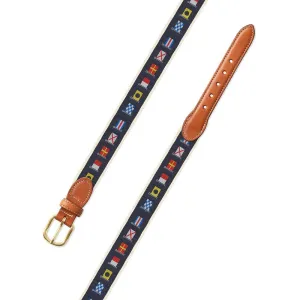 Nautical Flags Motif Leather Tab Belt: Tan Leather Tabs / 36"