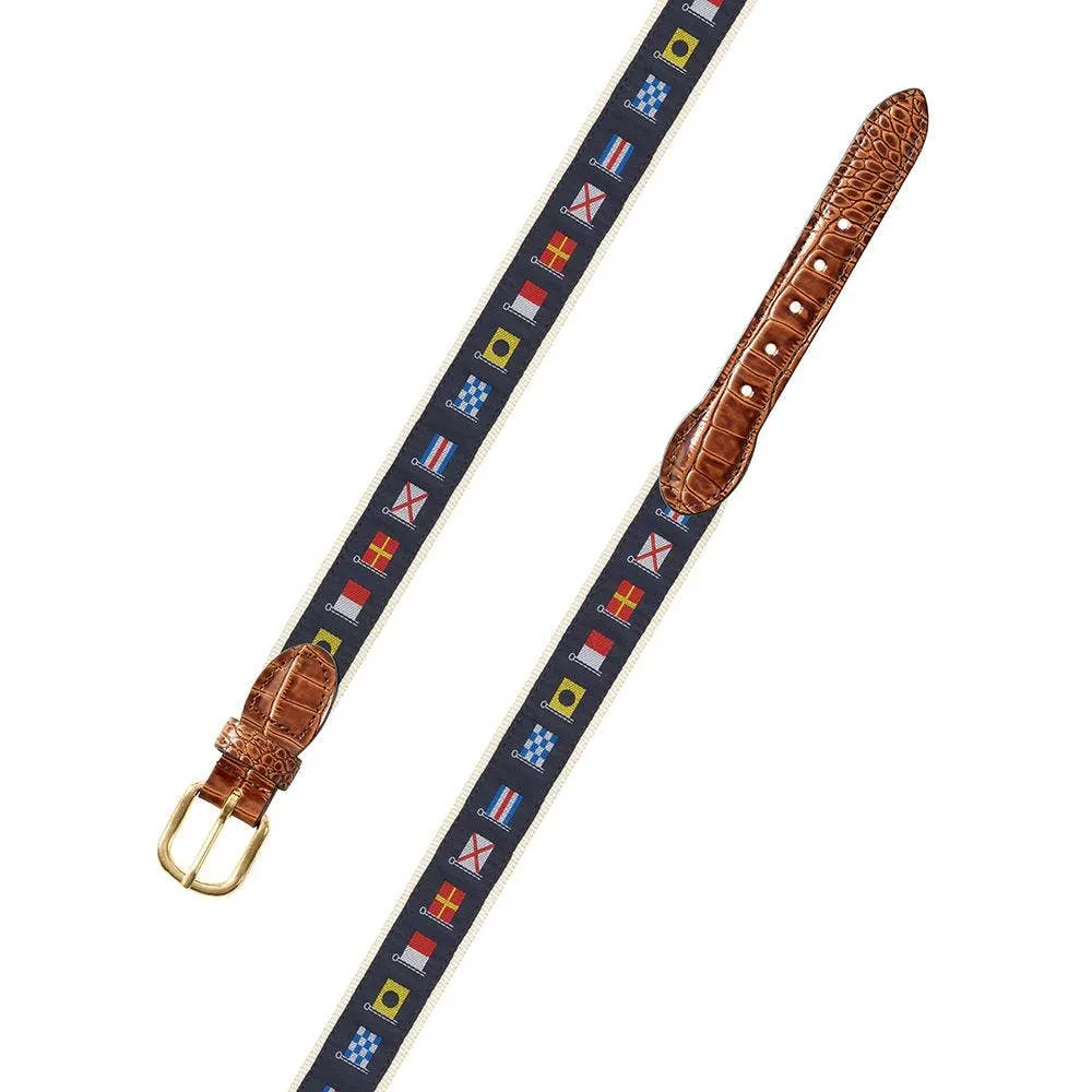 Nautical Flags Motif Leather Tab Belt: Tan Leather Tabs / 36"