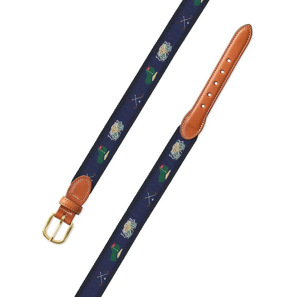 Navy Golf Motif Leather Tab Belt: Brown Leather Tabs / 40"