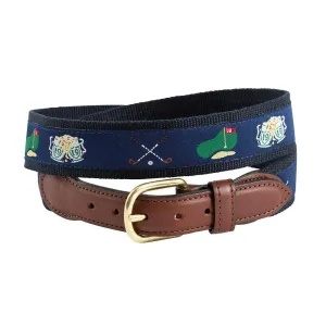 Navy Golf Motif Leather Tab Belt: Brown Leather Tabs / 40"