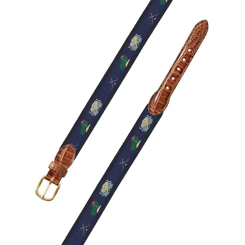 Navy Golf Motif Leather Tab Belt: Brown Leather Tabs / 40"