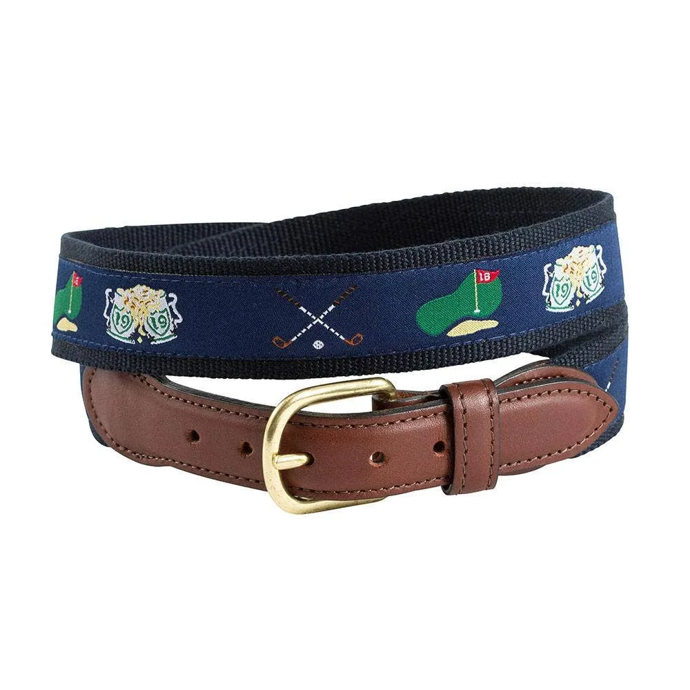 Navy Golf Motif Leather Tab Belt: Brown Leather Tabs / 40"