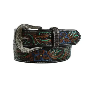 NOCONA LADIES BELT 1 1/2'' TOOLED FLORAL PATTERN BROWN