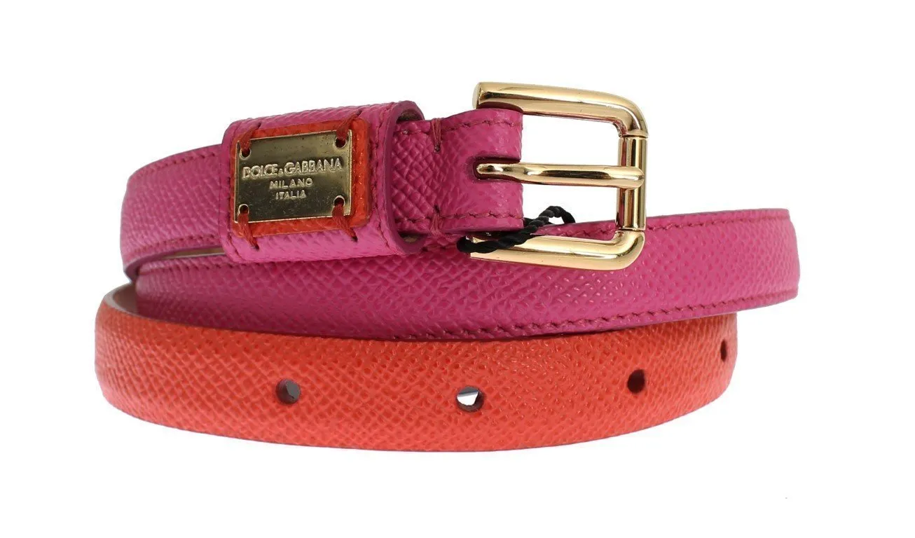 Orange Leather Gold Buckle Logo Waist Belt