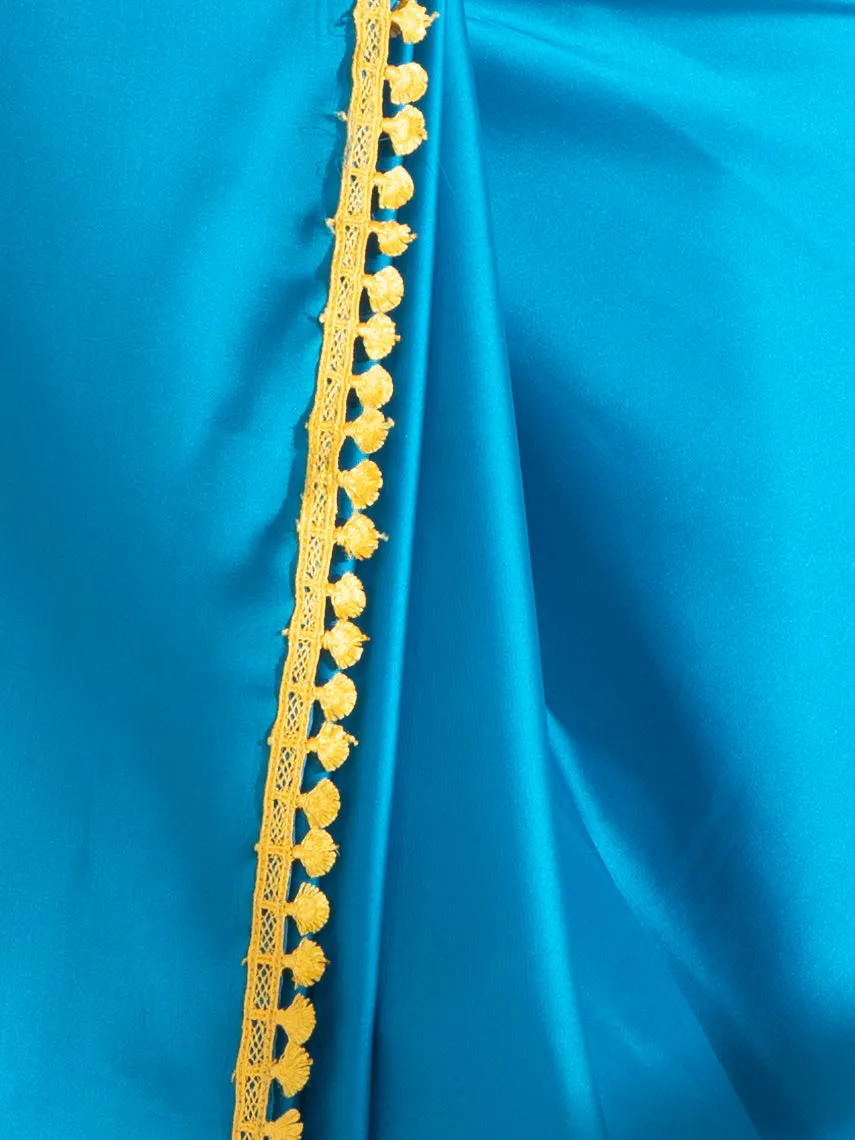 Pacific Blue Satin Saree with Yellow Lace & Posh Blouse Fabric