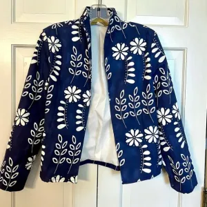 Painted Pony‎ 3/4 Sleeve Open Front Jacket XS Flower Child Blue White Floral NWT