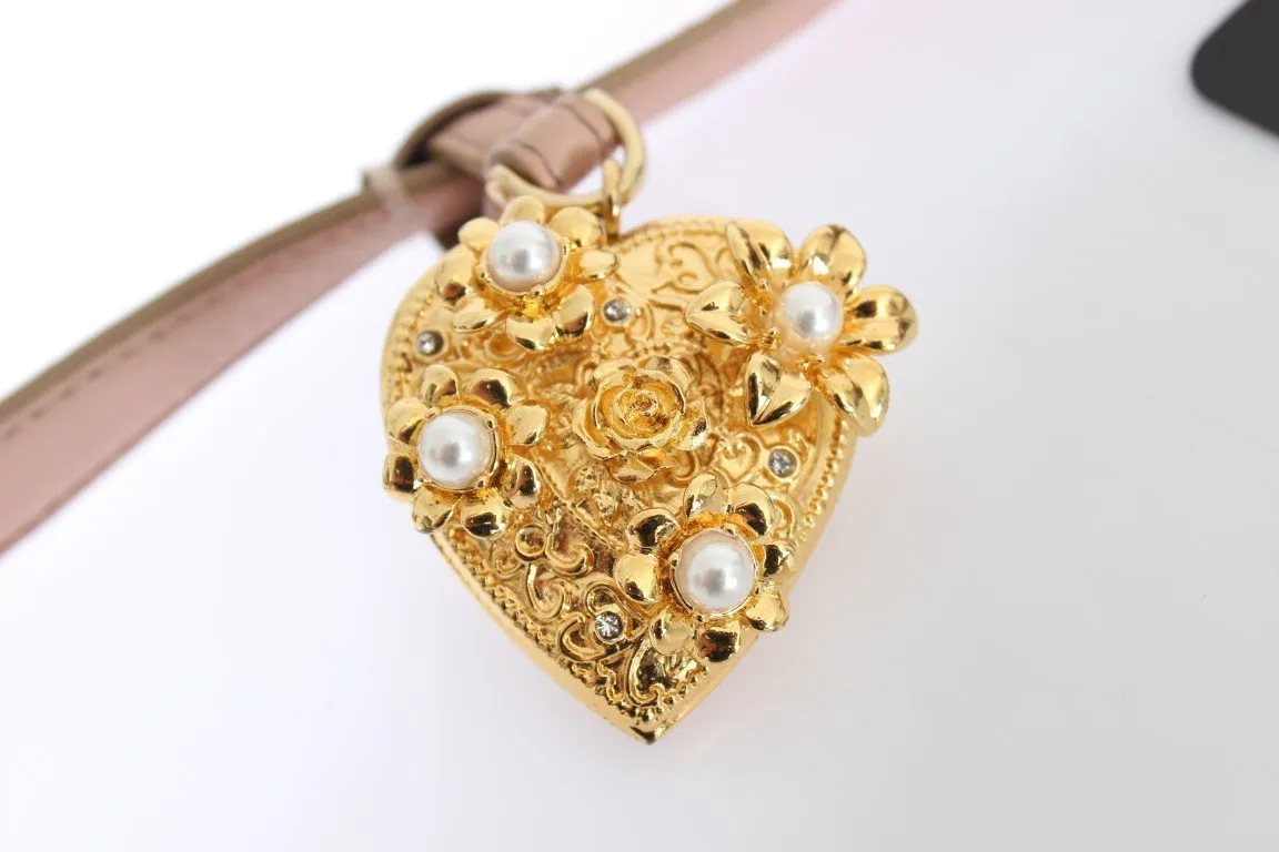 Pink Leather Gold Crystal Heart Pendant Belt