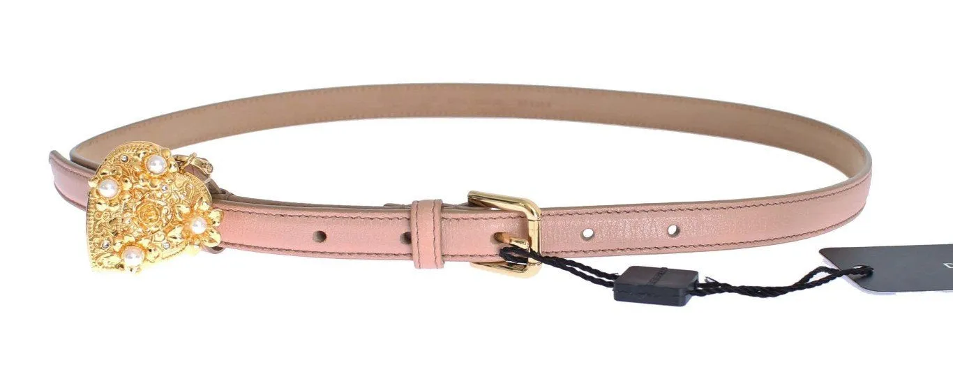Pink Leather Gold Crystal Heart Pendant Belt