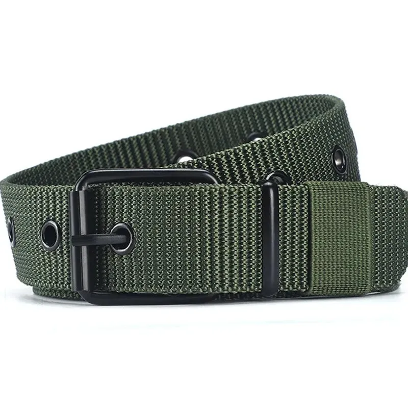 Porous Canvas Pin Buckle Leather Belt for Men and Women -Trendy Eyelet Outdoor Sports Belt with Jeans