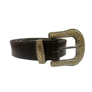 Porter Glam Western Brown Belt Grey & Gold Buckle Crystal
