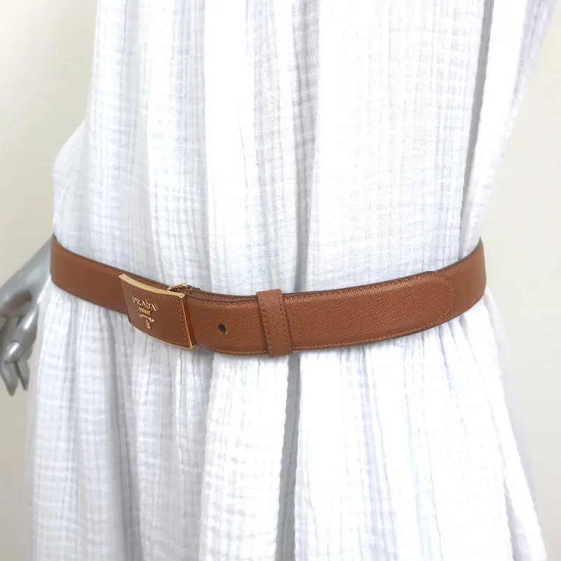 Prada Saffiano Logo Buckle Belt Tan Leather Size 90 US 36