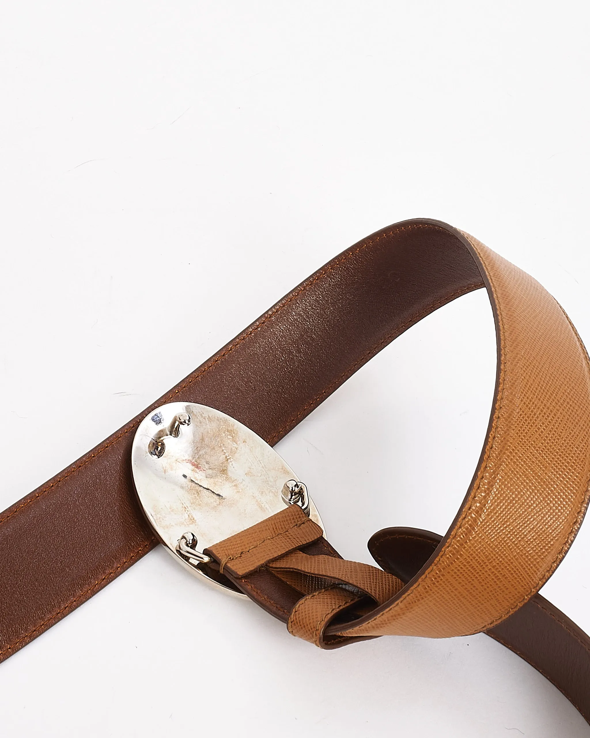 Prada Tan Saffiano Leather with Silver Oval Savoia Logo Buckle Belt 38/95
