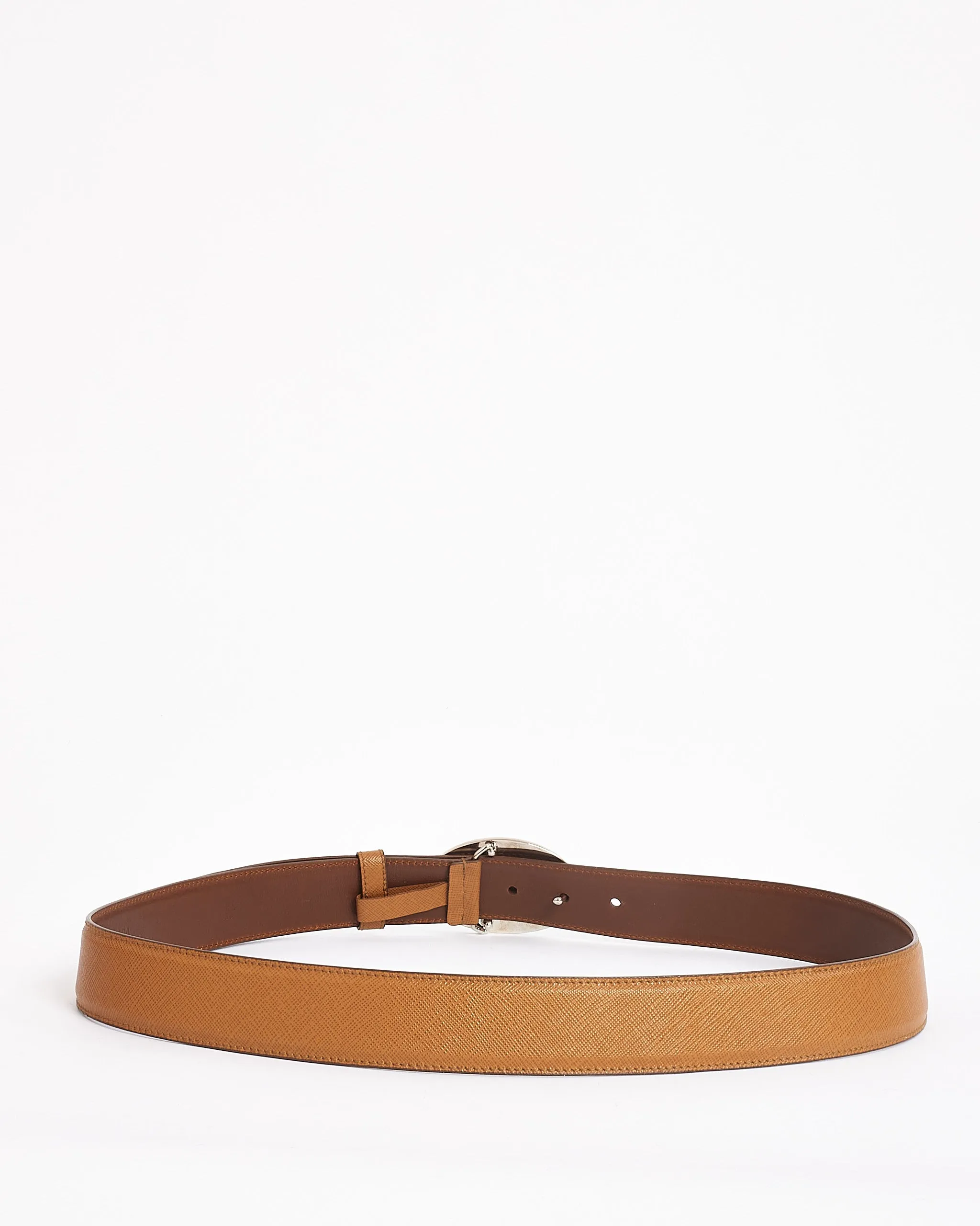 Prada Tan Saffiano Leather with Silver Oval Savoia Logo Buckle Belt 38/95