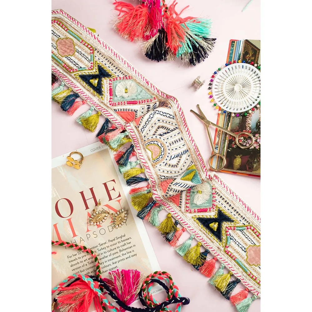 PS Accessories by Payal Singhal Payal Singhal Dupion Silk Embroidered Tie- Up Belt with Colourful Tassels - Off White
