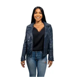 Queens - Women's Fashion Lambskin Leather Jacket (Navy Blue)