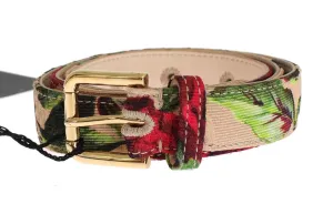 Roses Print Brocade Gold Buckle Belt