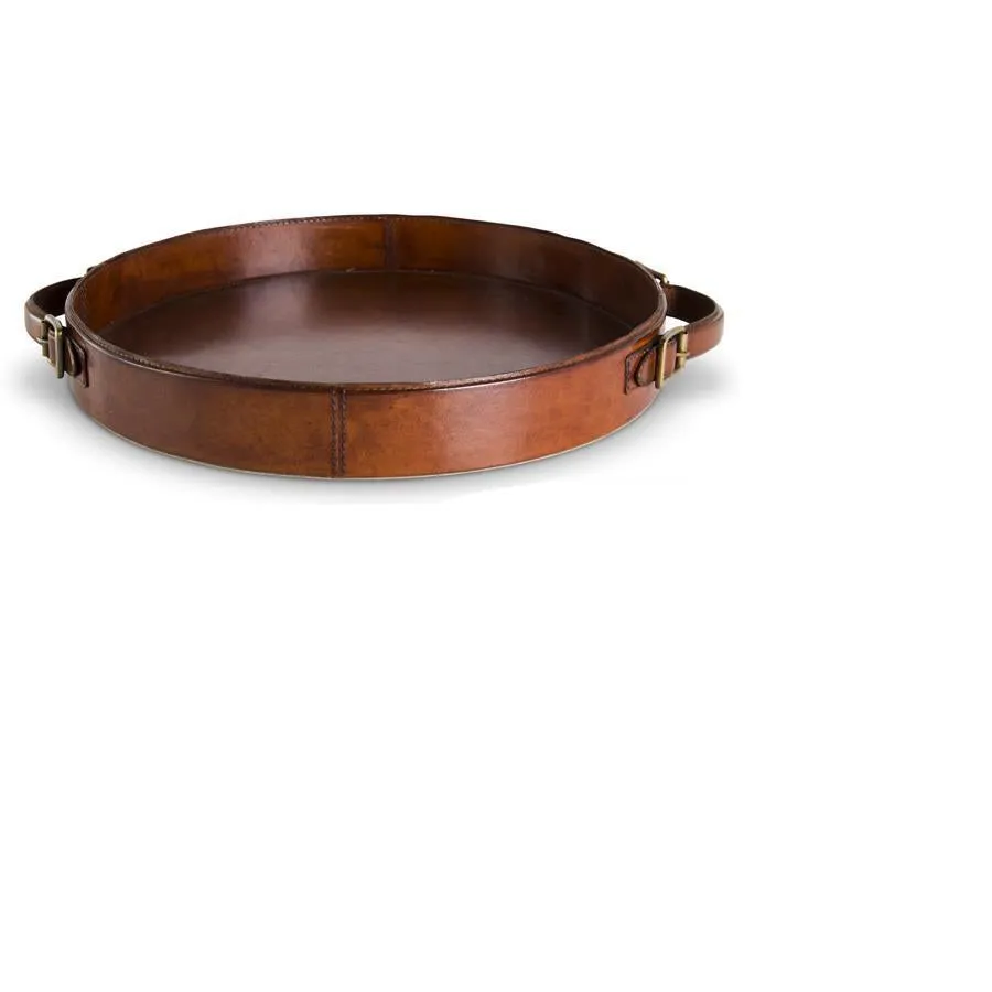 Round Tan Leather Tray with Brass Buckle Accent Handles